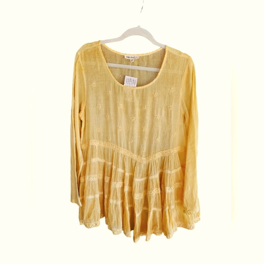 NWT Indigo Thread Co Blouse M Boho Peasant Embroidered Trim Long Sleeves Yellow
